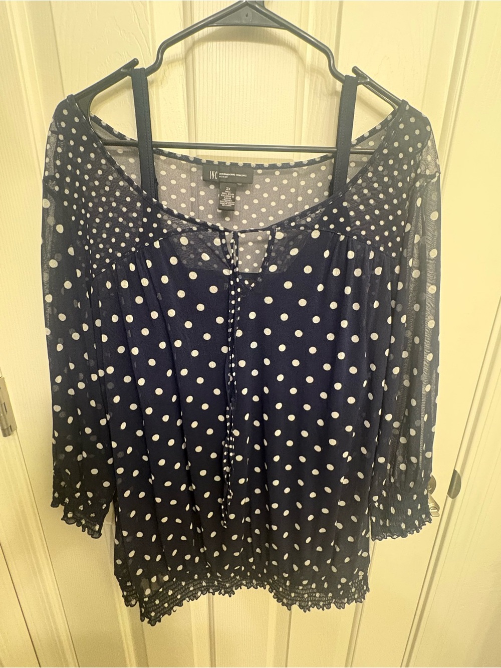 INC International Concepts Navy and White Polka Dot Peasant Blouse 2 Piece.
